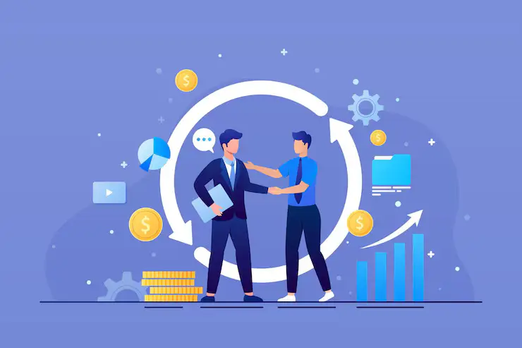 Mergers and acquisitions illustration showing partnership and financial growth